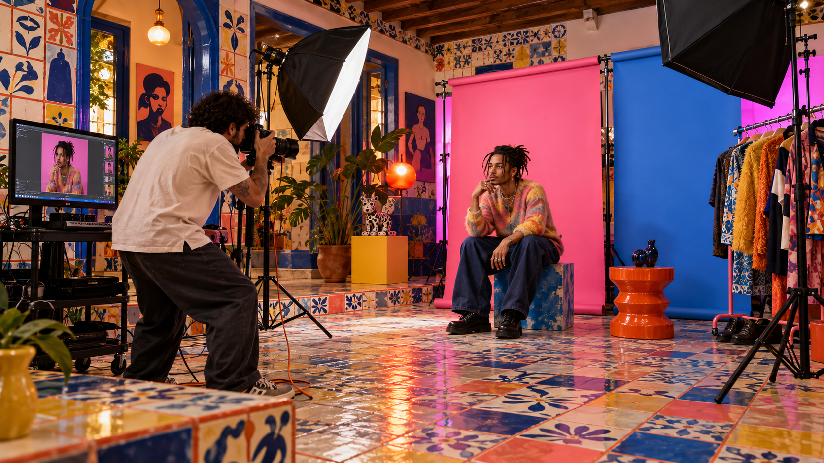 Ensaio fotográfico no set de moda com ladrilhos pintados
